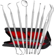 Dental Tools,Fomatrade 8 PACK Dental Pick Oral Care Kit, Stainless Steel Dental Hygiene Kit Set, Tooth Scraper Tartar Dental Scaler Tweezers Mouth Mirror for Personal & Pet Oral Care Use (Silver)