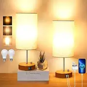 Eocean Set of 2 Bedside Lamps, Table Lamp with Rotary Switch, Dimmable Bedroom Lamp with USB A+C Charging Ports for Living Room, Dorm, Home, Round Flaxen Fabric Shade & LED Bulb Included,2 Pack