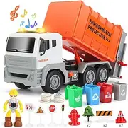 12" Garbage Truck Toys Trash Truck Dump Truck with 4 Garbage Cans, Friction Powered Truck with Sound and Light,Push and Go Pull Back Car for Boys