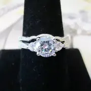 NEW CZ Stone Modern Micro Paved Cut 2 Ring Wedding Set Silver Platinum Sz 5-9