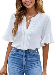 [BMJL] Womens White Blouses Chiffon Ruffle Trim Long Sleeve V Neck Business Casual Tops Summer Cute Shirt White Plain