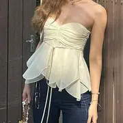 Plain Ruched Asymmetric-Hem Tube Top Nude - M