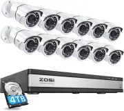 ZOSI 4K 16CH PoE Home Security Cameras System with 4TB Hard 5MP POE-12Cam