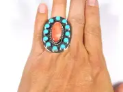 Sleeping Beauty Turquoise & Spiny Oyster Sterling Silver cluster Ring Sz 7-7.5