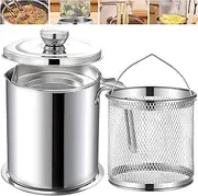 Chihee Grease Container Deep Fryer 2 in 1 Stainless Steel Bacon Grease Saver with Fine Mesh Strainer Fry Basket 2L / 67.6 fl oz Oil Container Grease Can with Lid Tray for Kitchen Storing Frying
