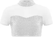 [Aislor] Kids Girls Sequins Dance Top Adorned Mock Neckline Short Sleeve Mesh Cutout Back Dance Crop Top