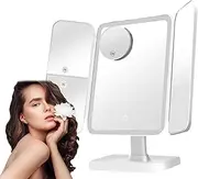 Rechargeable tri-fold Makeup Mirror, 3-Color Adjustable Light Makeup Mirror LED Light, 1X/3X/5X/10X Mirror, 90°&180° Free Rotation (White)