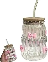 Glass Cups 450ml Ripple Shaped Iced Coffee Cup with Bow Decor, Heat-Resistant Glass Coffee Cup with Lids and Straws for Beverage Juice, Whiskey, Soda, Milk, Tea
