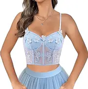 Testudineus Women Cute Flower Embroidery Corset Top Sheer Mesh Sexy Crop Top Party Rave Slim Sleeveless Tank Top