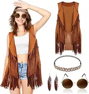 SlowTon 5 Pcs Hippie Costume Accessories for Women - Disco 70s Hippie Outfit Clothes for Women Girls Fringe Vest Set With Sleeveless Top Bohemian Feather Earrings and Headband