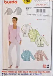 Burda Sewing Pattern 8201 Misses Jacket Button Front Variations Sizes 10-22 UC