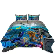 Funny Artwork Crazy Shower Room Marine Life and Cat Coverlet
