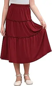 [GORLYA] Girls A-Line Elastic High Waist Pleated Swing Maxi Skirt with Pockets for 4-14T