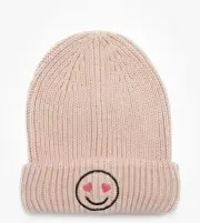 NWT NORDSTROM Knit Beanie Hat Embroidered Smiley Face - Pink Lotus Color