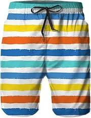 [Airmark] Mens Swim Trunks,Quick Dry Bathing Suits Summer Board Beach Shorts with Mesh Lining, Striped Multi Colored, Large