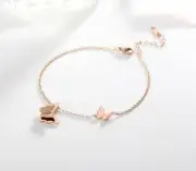 Titanium Womens Rose Gold Double Butterflies Charm Beaded Chain Foot Anklet 8+2”