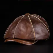 Men's 100%Genuine Cowhide Leather Warm Octagonal Cap Casual Vintage Newsboy Cap brown XL