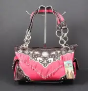Heritage West Fuchsia Pink Fringe Rhinestone Concho Stud Shoulder Handbag O4