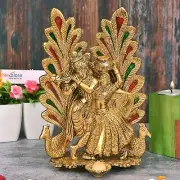 Metal Beautiful Radha Krishna with Peacock Diya Height 20 cm Gold Antique