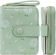 [Farcauo] Cute Green Wallet for Women and Ladies Small Leather Coin Purse with Flower Design Credit Card Holder and ID Window Kawaii Travel Cash Wallet for Ladies