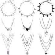 [Kakonia] 9Pcs Layered Chain Necklaces for Women Silver Snake Chain Gothic Y2K Choker Pendant Punk Egirl Vintage Grunge Necklaces Wing Butterfly Multilayer Necklaces Set for Women Men