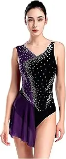 [RUNQHUI] Womens Tank Leotard Sparkle Rhinestone Color Block Unitards Mesh Patchwork Romper Flowy Skirt Purple XX-Large