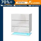 Bedside Table LED 3 Drawers White Nightstand Storage Furniture Bedroom Dec 02-WH