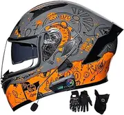 Bluetooth Flip Up Helmet,Motorbike Modular Helmet,DOT/ECE Approved Lightweight Flip Up Motorcycle Full Face Helmet,Dual Visor Moped Scooter Motorbike Helmet for Adult Men Women