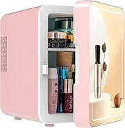 Mini Fridge 4L, 6 Cans Portable Skincare Fridge with Mirror, 2℃-65℃ Temperature Range, Small Fridge for Bedrooms, for Car, Drinks, Beauty, Table Top, Office, Travel
