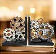 Bellaa 20881 Decorative Bookends Gear Book Shelves Stoppers Holder Nonskid Shelf Heavy Ends Supports Vintage Industrial Modern Art Home Decor Statues Sculptures 6 inch
