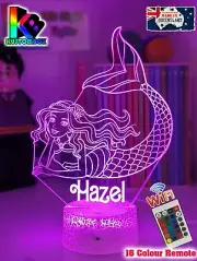 BARBIE MERMAID Girls Personalised 3D LED Night Light Colour Change Bedroom Lamp