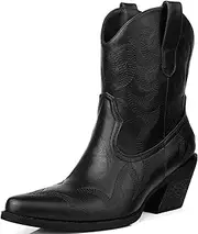 [DANAZANA] Wide Calf Cowgirl Ankle Boots Women Western Embroidered Ankle Boots Closed Pointed Toe Pull On Cowboy Ankle Booties Lady Retro Country Ankle Boots Size 7-10