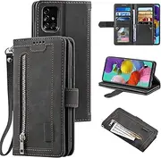 [UEEBAI] Case for Samsung Galaxy A72 4G, Retro Zip, PU (polyurethane) Leather, Silicone Cover with 9 Card Slots, Stand Function, Wallet, Carrying Strap, Protective Flip Wallet Case - Black