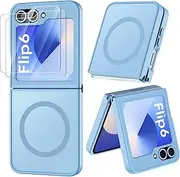 ORETECH Magnetic Shockproof for Samsung Galaxy Z Flip 6 Case with [2x Screen Protectors]Compatible with MagSafe, Translucent Anti-Scratch Flexible TPU Bumper Hard PC Back for z Flip 6 Case-Sierra Blue