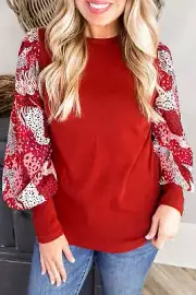 Fiery Red Contrast Mixed Animal Print Lantern Sleeve Patchwork Top