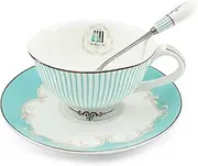 [Krysclove] Vintage Blue Bone China Teacup Spoon and Saucer Set, Delicate Royal Bone China Coffee Mug Print Cup Ceramic Tea Cups (Stripe)