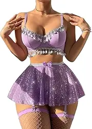 [LadyIn] Women's Rave Outfit Lingerie Set Sparkly Sequin Mini Skirt & Tassel Bra with Stockings