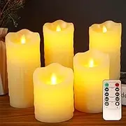 Flameless Flickering Candles Set of 5, Real Wax Flickering Mobile Wick LED Electric Candle Set with Remote Control 24 Hour Timer, 4" 5" 6" 7" 8"