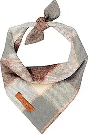 Sammy’s Sew Shop Vail Flannel Dog Bandana – Peach, Gray, and White Plaid, Tie Back, Premium Flannel Fabric, Unique Design, Handmade in The USA, Small