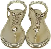 [Heltid] Women's Braided Rhinestone Thong Flat Sandals Elastic Ankle Strap Bohemian Dressy Sandals for Women