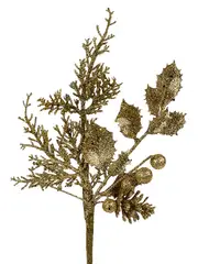 Gold Glitter Mixed Foliage With Pine Cone & Berries Christmas Spray Pick - 28cm