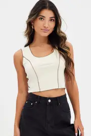 Beige Tank Top Round Neck Croset Overlock Details - Size L, Women's Tank