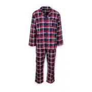 Mens Flannelette Pyjama Set Sleepwear Soft 100% Cotton PJs - Navy/Red - M