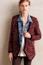 NWT ANTHROPOLOGIE KEAVY JACQUARD RED JACKET CARDIGAN SWEATER by MOTH XS