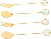 BESTYASH 4pcs Star and Moon Stainless Steel Teaspoons and Forks Dessert Spoons Set Metal Tableware for Hot Tea and Appetizers