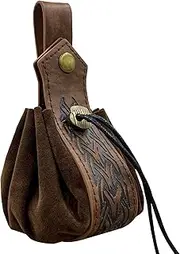 [HiiFeuer] Medieval Faux Leather Drawstring Pouch, Retro Nordic Portable Coin Purse, Vintage Belt Pouch Dice Bag For LARP Ren Faire, Brown B, One Size