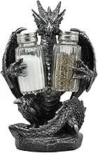 Medieval Gothic Dragon Blackened Spice Salt Pepper Shaker Set Holder Figurine