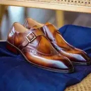 Handmade Men's Brown Cowhide Leather Chiseled Toe Single Monk Formal Dress Shoes