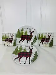 Cynthia Rowley BUFFALO PLAID Stag Deer Melamine 11" 4 Dinner Plates 8 Tidbits