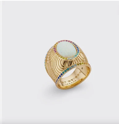 Kurt Geiger Southbank Rainbow Crystal Oval Opal Chunky Gold Cocktail Ring 7